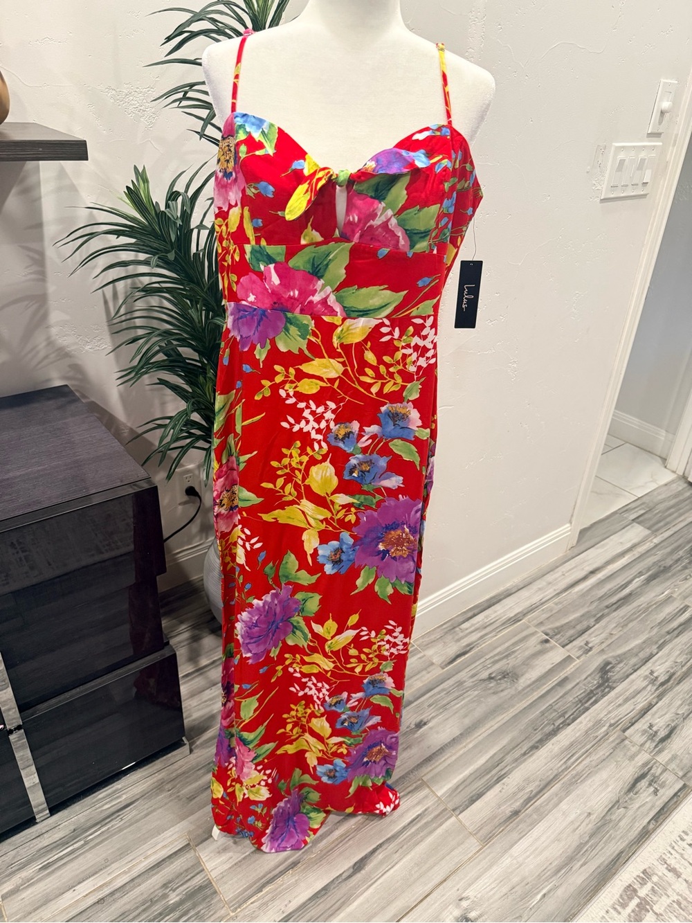 Lulus Bright Floral Red Maxi Dress with Spaghetti Straps
